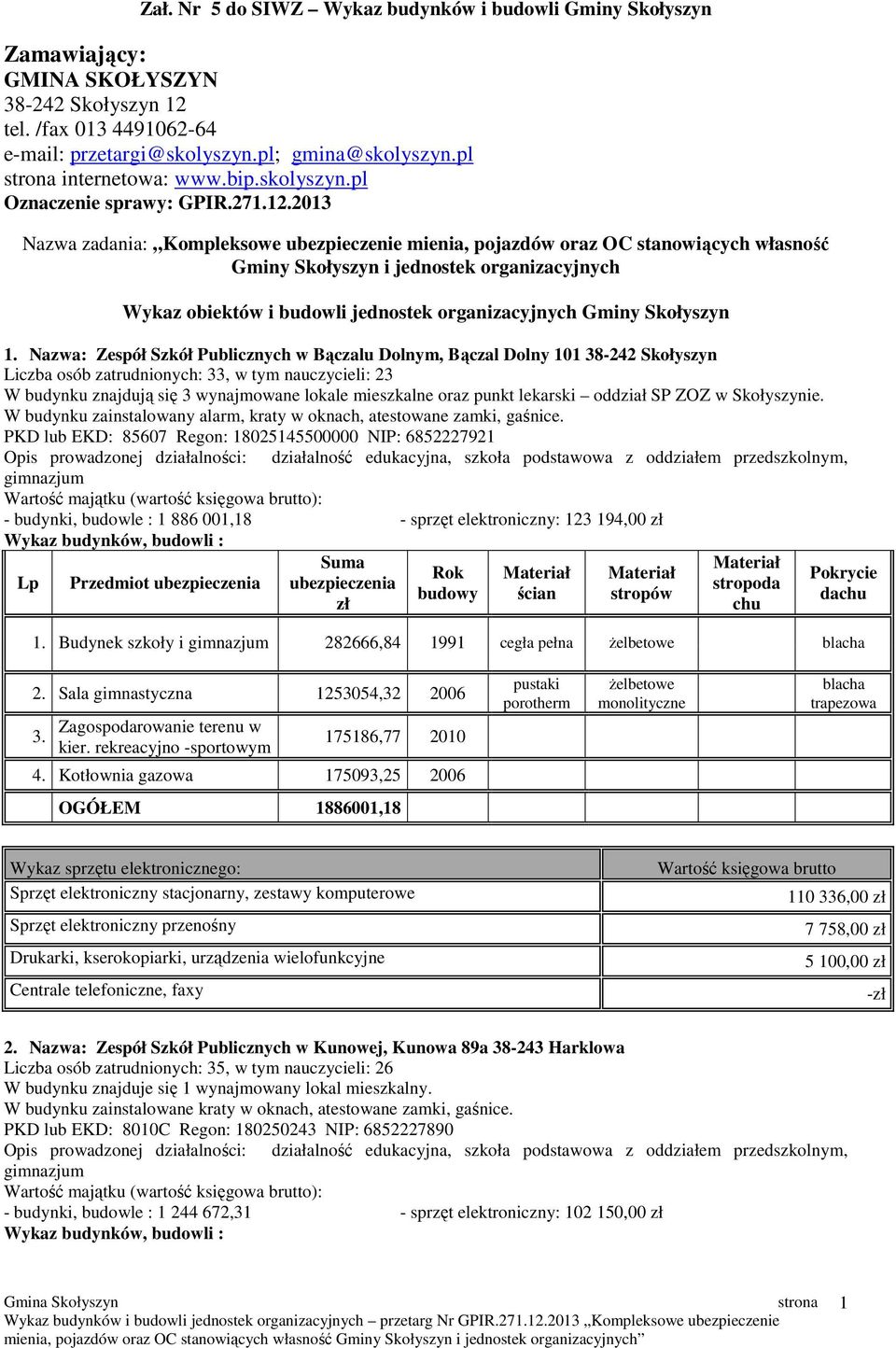 2013 Nazwa zadania: Kompleksowe ubezpieczenie mienia, pojazdów oraz OC stanowiących własność Gminy Skołyszyn i jednostek organizacyjnych Wykaz obiektów i budowli jednostek organizacyjnych Gminy