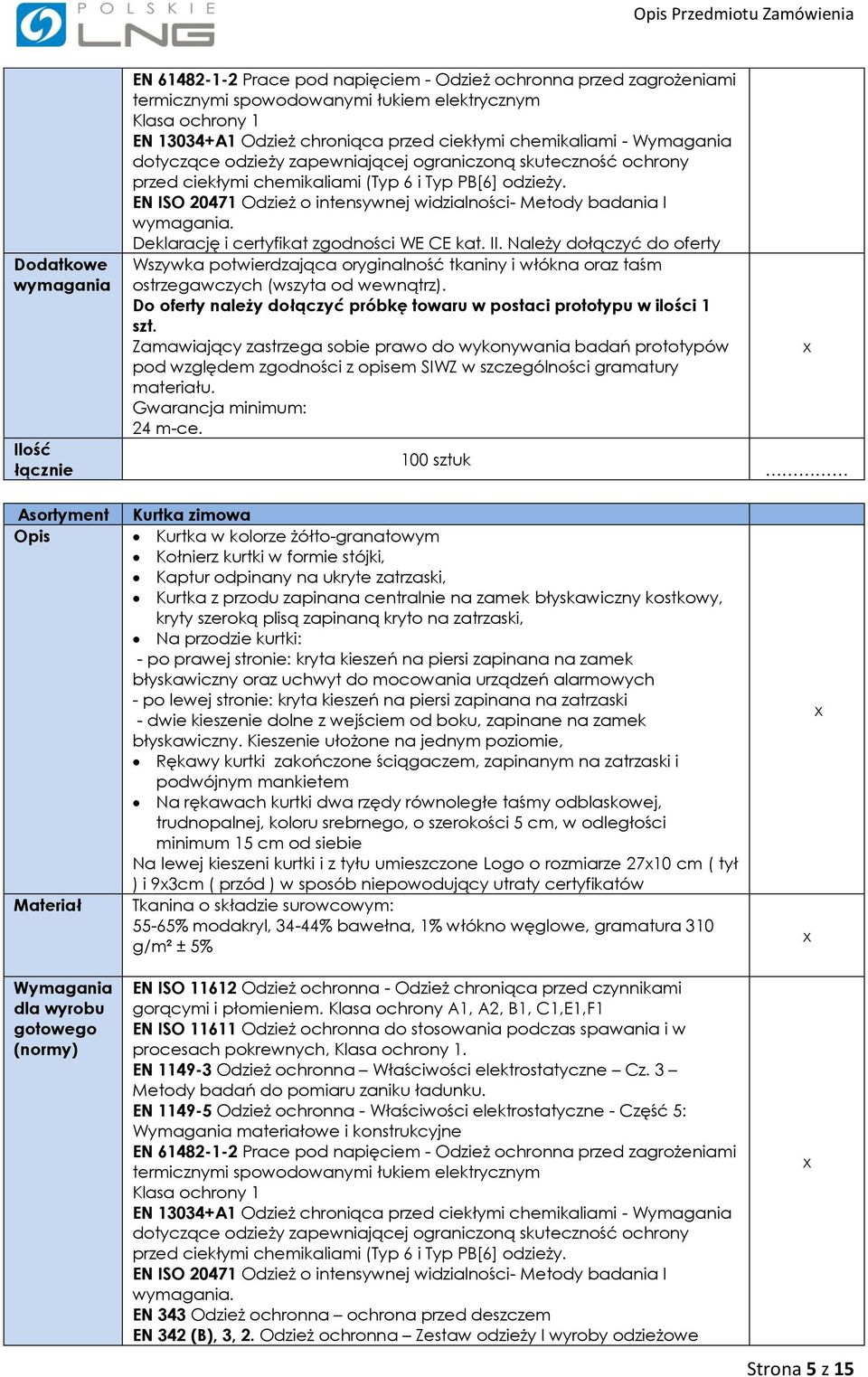 EN ISO 20471 Odzież o intensywnej widzialności- Metody badania I. Wszywka potwierdzająca oryginalność tkaniny i włókna oraz taśm ostrzegawczych (wszyta od wewnątrz).