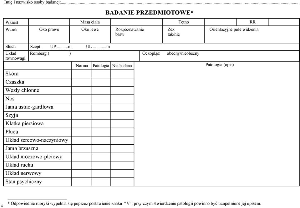 równowagi Skóra Czaszka Węzły chłonne Nos Romberg ( ) Jama ustno-gardłowa Szyja Klatka piersiowa Płuca Układ sercowo-naczyniowy Jama brzuszna Układ