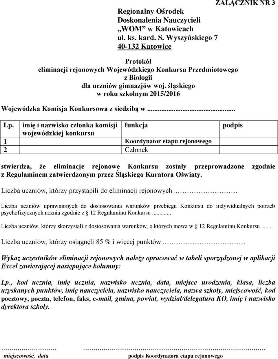 imię i nazwisko członka komisji wojewódzkiej konkursu funkcja 1 Koordynator etapu rejonowego 2 Członek podpis stwierdza, że eliminacje rejonowe Konkursu zostały przeprowadzone zgodnie z Regulaminem