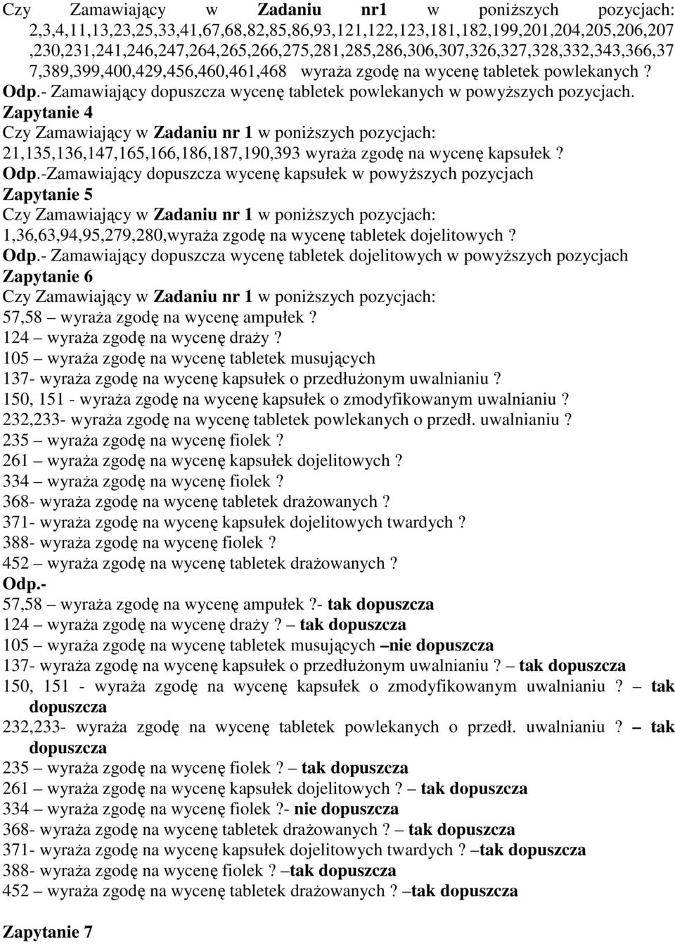 7,389,399,400,429,456,460,461,468 wyraża zgodę na wycenę tabletek powlekanych? Odp.- Zamawiający dopuszcza wycenę tabletek powlekanych w powyższych pozycjach.