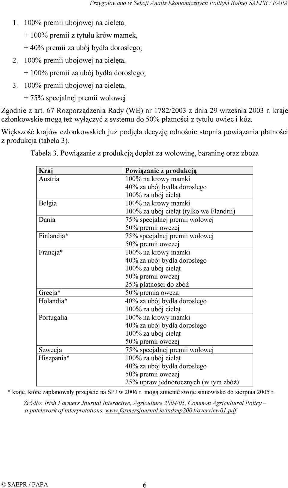 kraje członkowskie mogą też wyłączyć z systemu do 50% płatności z tytułu owiec i kóz. Większość krajów członkowskich już podjęła decyzję odnośnie stopnia powiązania płatności z produkcją (tabela 3).