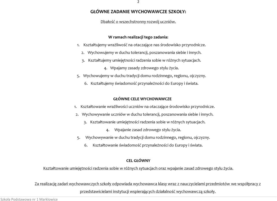 Wychowujemy w duchu tradycji domu rodzinnego, regionu, ojczyzny. 6. Kształtujemy świadomość przynależności do Europy i świata. GŁÓWNE CELE WYCHOWAWCZE 1.