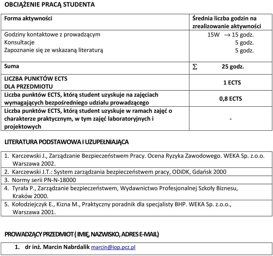 LICZBA PUNKTÓW ECTS DLA PRZEDMIOTU Liczba punktów ECTS, którą student uzyskuje na zajęciach wymagających bezpośredniego udziału prowadzącego Liczba punktów ECTS, którą student uzyskuje w ramach zajęć