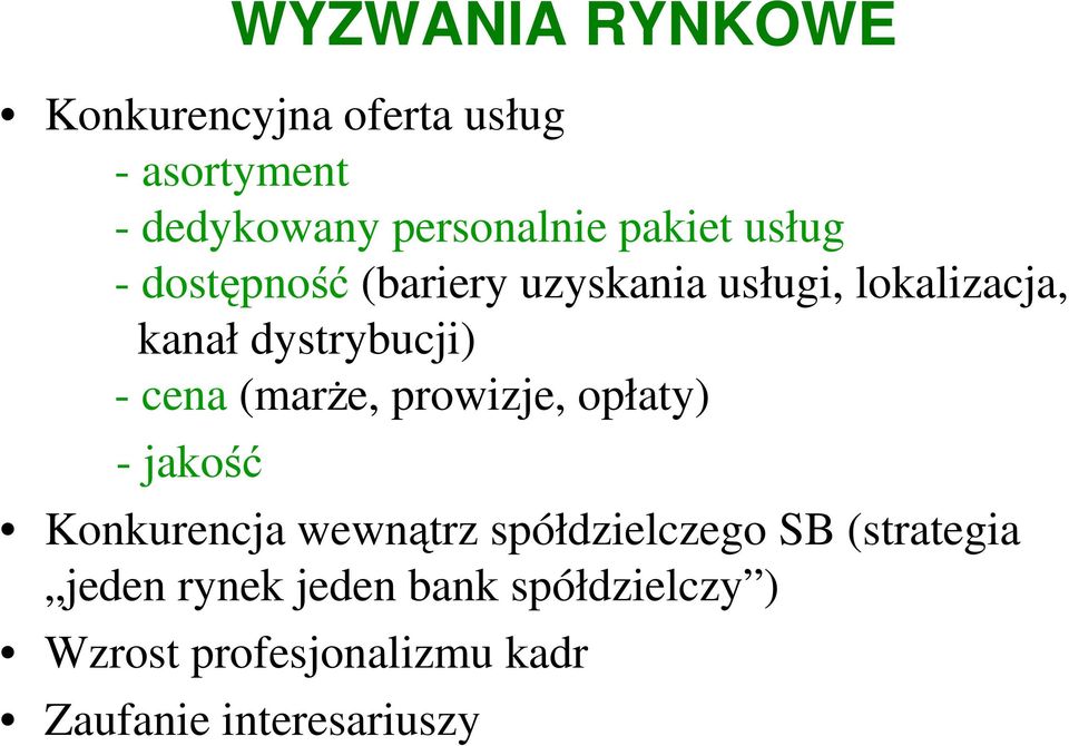 cena (marŝe, prowizje, opłaty) - jakość Konkurencja wewnątrz spółdzielczego SB