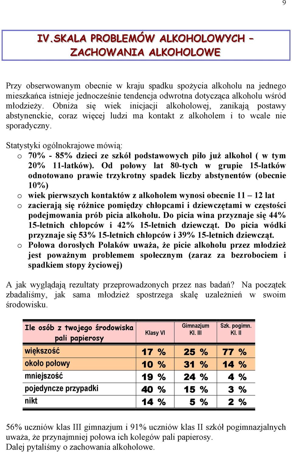 Statystyki ogólnokrajowe mówią: o 70% - 85% dzieci ze szkół podstawowych piło już alkohol ( w tym 20% 11-latków).