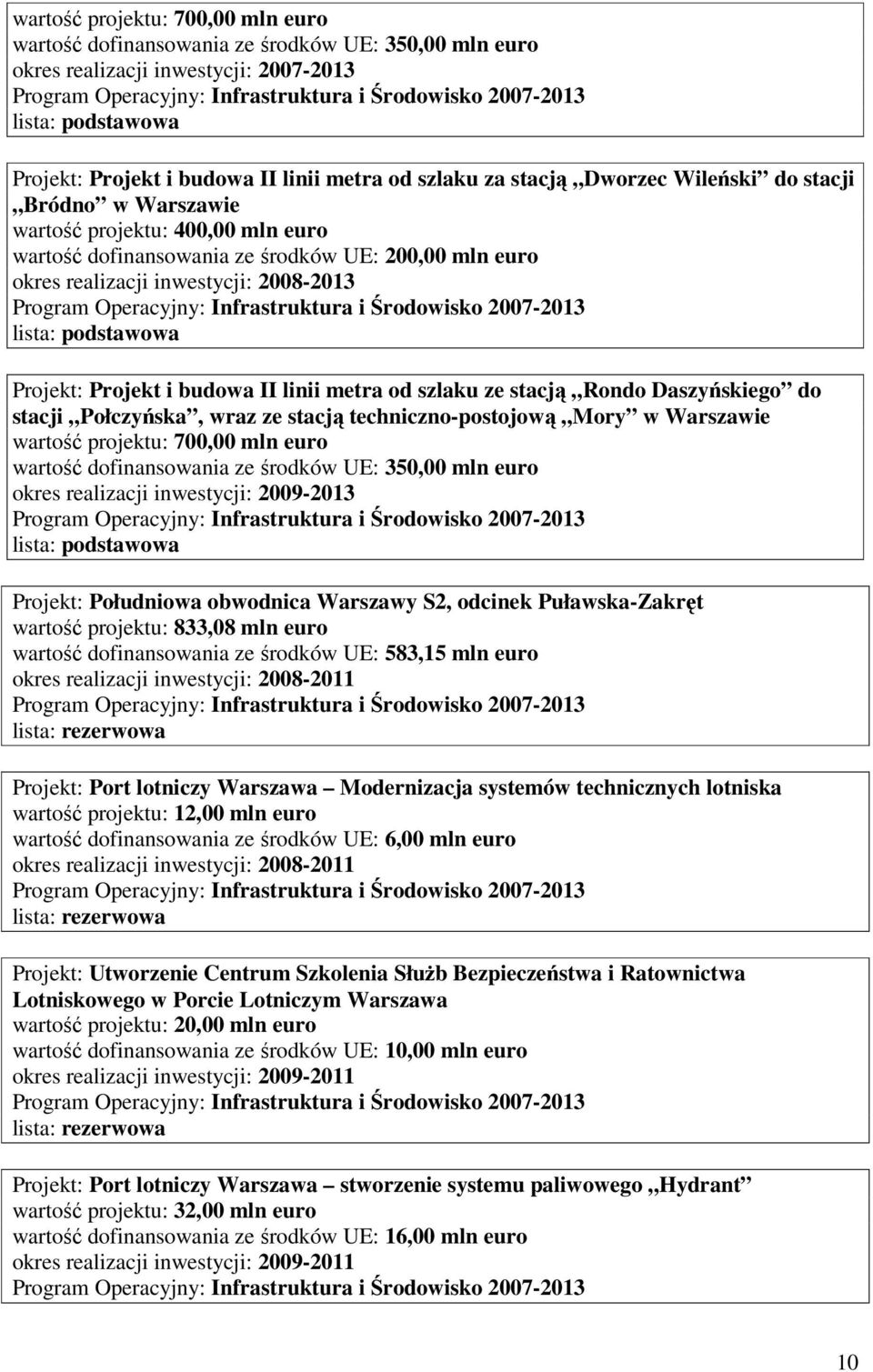 Daszyńskiego do stacji Połczyńska, wraz ze stacją techniczno-postojową Mory w Warszawie wartość projektu: 700,00 mln euro wartość dofinansowania ze środków UE: 350,00 mln euro okres realizacji