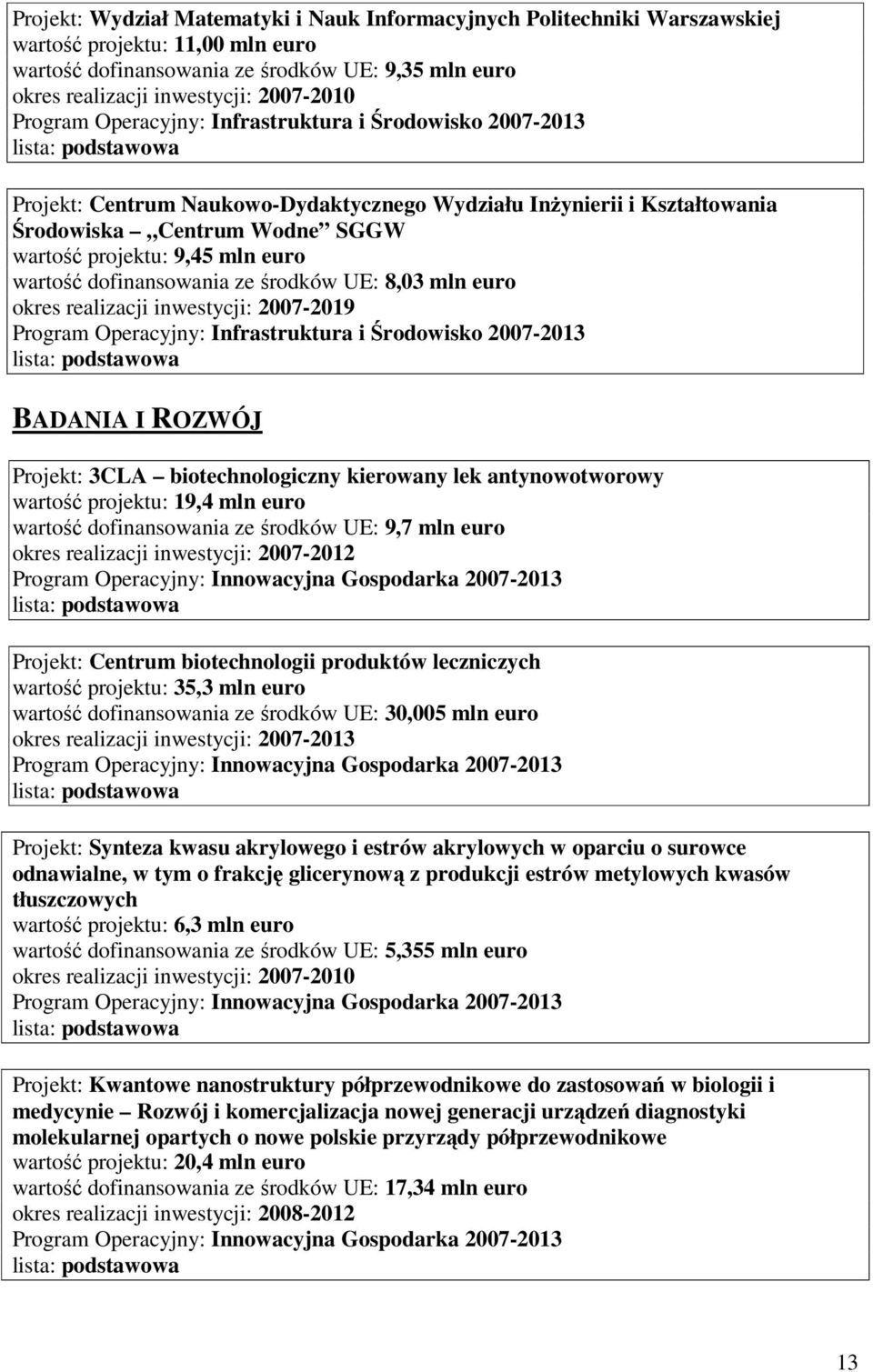 ROZWÓJ Projekt: 3CLA biotechnologiczny kierowany lek antynowotworowy wartość projektu: 19,4 mln euro wartość dofinansowania ze środków UE: 9,7 mln euro okres realizacji inwestycji: 2007-2012 Projekt: