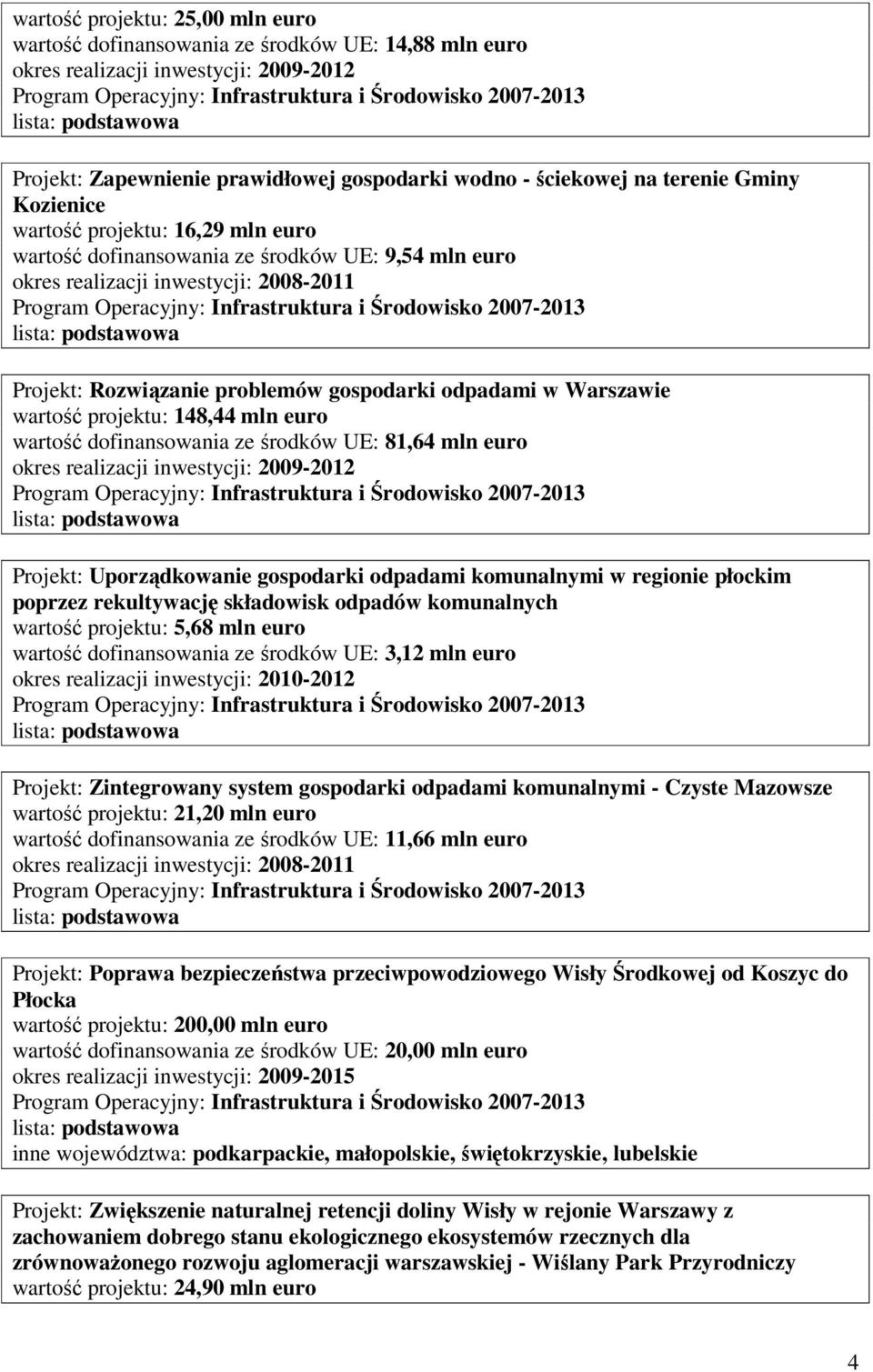 wartość dofinansowania ze środków UE: 81,64 mln euro okres realizacji inwestycji: 2009-2012 Projekt: Uporządkowanie gospodarki odpadami komunalnymi w regionie płockim poprzez rekultywację składowisk