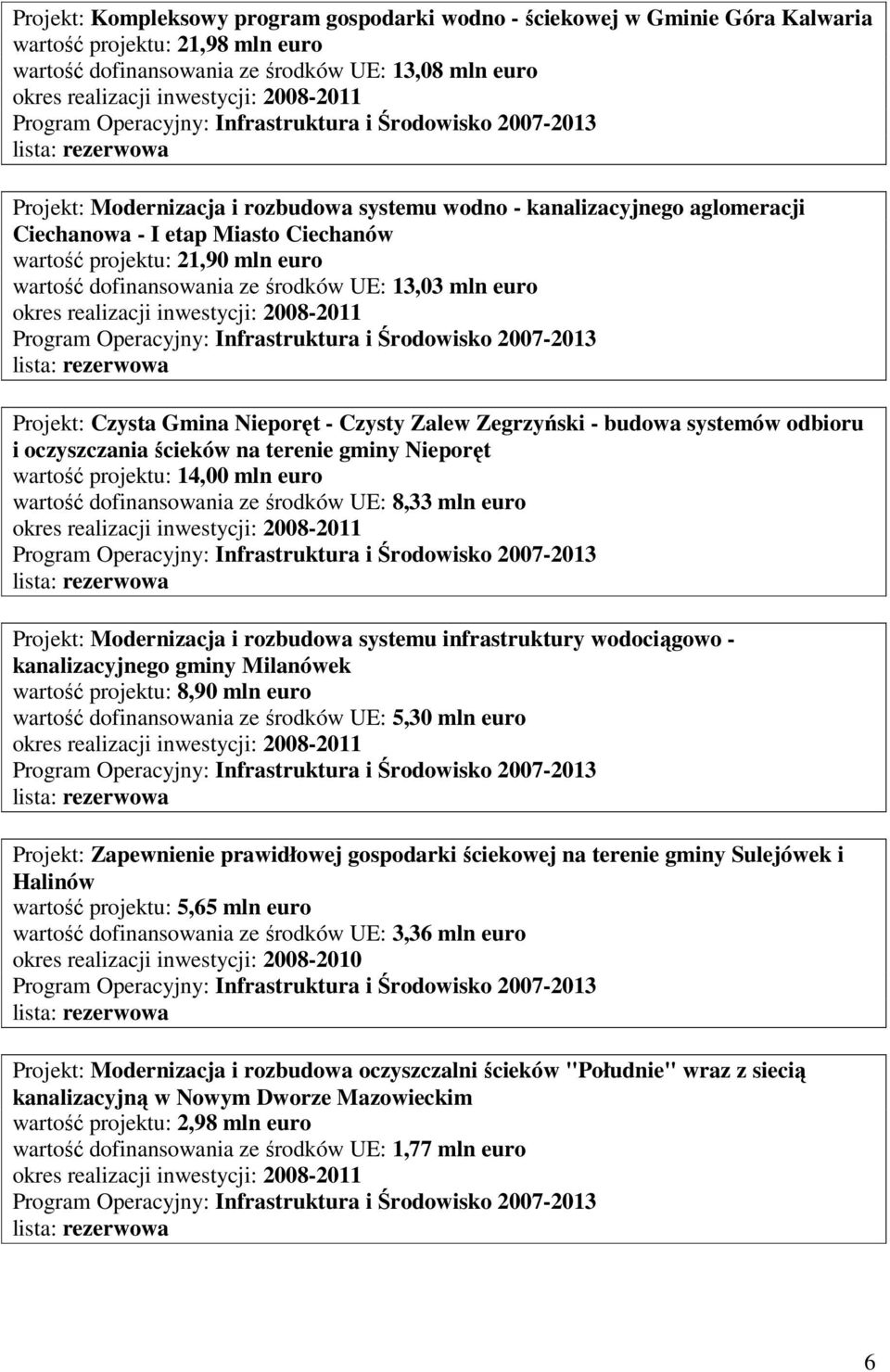 Nieporęt - Czysty Zalew Zegrzyński - budowa systemów odbioru i oczyszczania ścieków na terenie gminy Nieporęt wartość projektu: 14,00 mln euro wartość dofinansowania ze środków UE: 8,33 mln euro