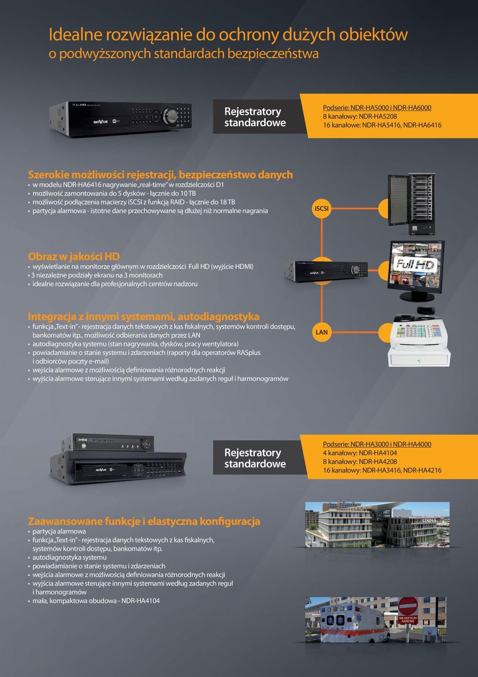 podłączenia macierzy iscsi z funkcją RAID łącznie do 18 TB partycja alarmowa istotne dane przechowywane są dłużej niż normalne nagrania iscsi Obraz w jakości HD wyświetlanie na monitorze głównym w