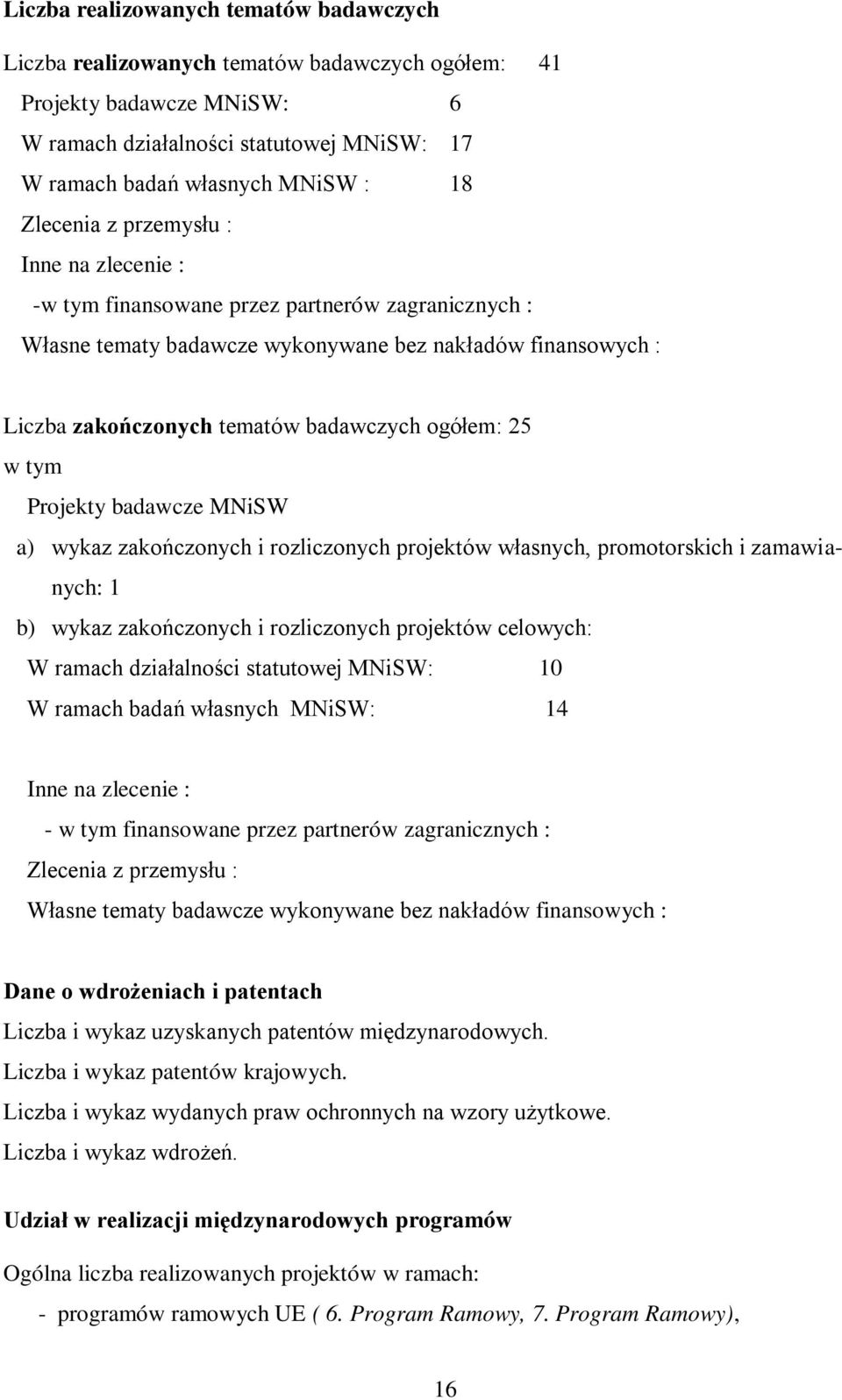 ogółem: 25 w tym Projekty badawcze MNiSW a) wykaz zakończonych i rozliczonych projektów własnych, promotorskich i zamawianych: 1 b) wykaz zakończonych i rozliczonych projektów celowych: W ramach