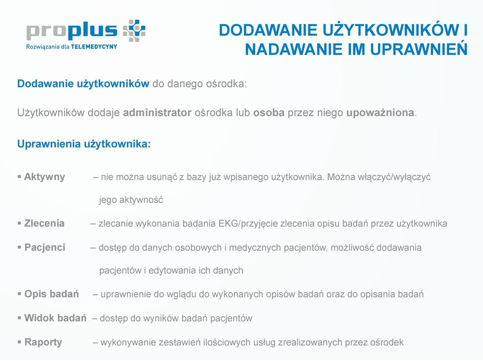 Można włączyć/wyłączyć jego aktywność Zlecenia Pacjenci zlecanie wykonania badania EKG/przyjęcie zlecenia opisu badań przez użytkownika dostęp do danych osobowych i