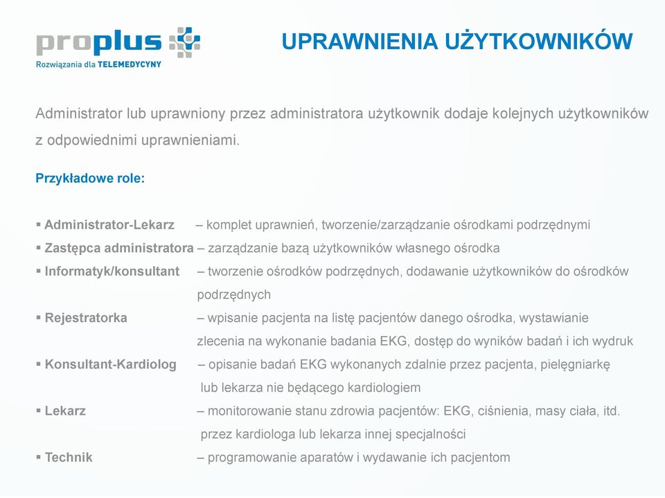 tworzenie ośrodków podrzędnych, dodawanie użytkowników do ośrodków podrzędnych Rejestratorka wpisanie pacjenta na listę pacjentów danego ośrodka, wystawianie zlecenia na wykonanie badania EKG, dostęp