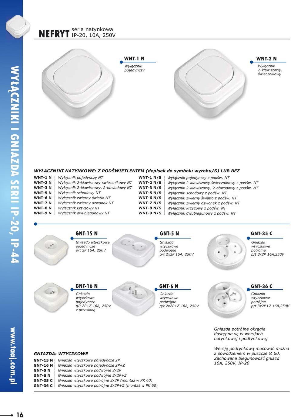 GNIAZDA: WTYCZKOWE GNT-15 N GNT-16 N GNT-5 N GNT-6 N GNT-35 C GNT-36 C GNT-15 N GNT-5 N GNT-35 C wtyczkowe p/t 2P 16A, 250V wtyczkowe p/t 2P+Z 16A, 250V z przes³on¹ WNT-1 N/S WNT-2 N/S WNT-3 N/S