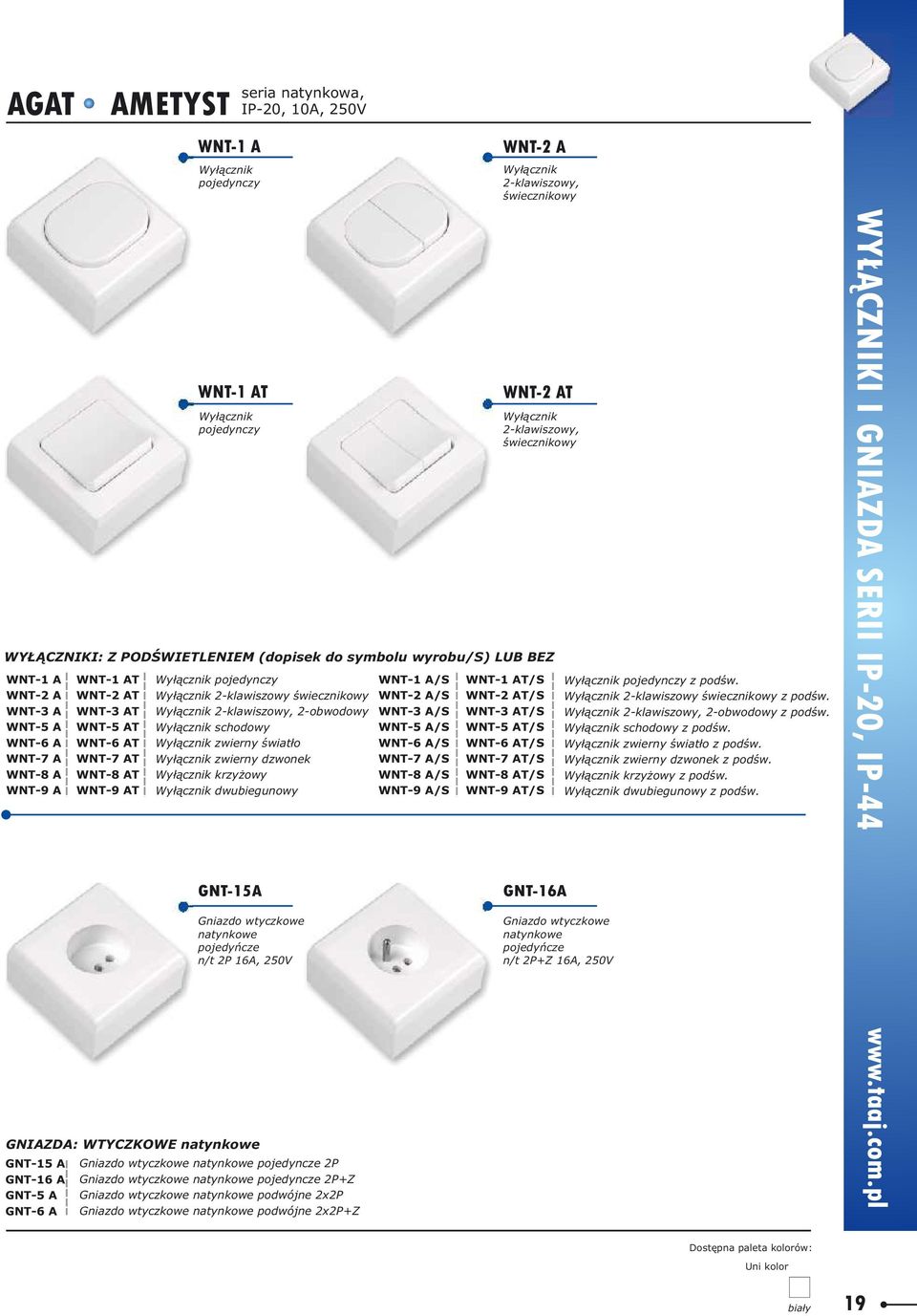 AT 2-klawiszowy, œwiecznikowy WY CZNIKI: Z PODŒWIETLENIEM (dopisek do symbolu wyrobu/s) LUB BEZ wtyczkowe natynkowe pojedyñcze n/t 2P 16A, 250V GNIAZDA: WTYCZKOWE natynkowe GNT-15 A GNT-16 A GNT-5 A
