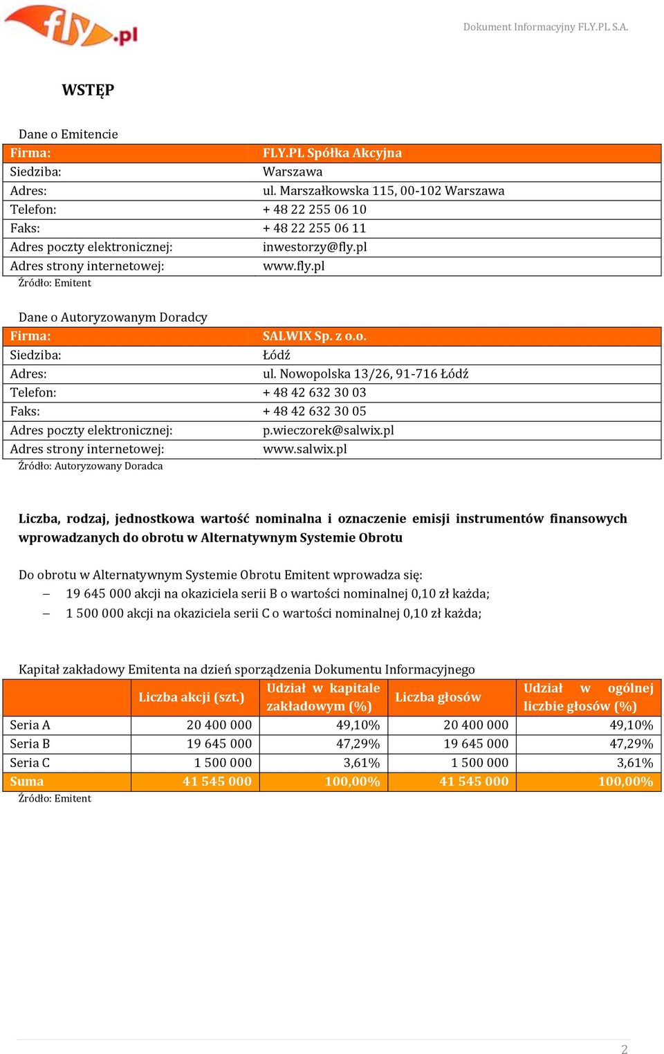 z o.o. Siedziba: Łódź Adres: ul. Nowopolska 13/26, 91-716 Łódź Telefon: + 48 42 632 30 03 Faks: + 48 42 632 30 05 Adres poczty elektronicznej: p.wieczorek@salwix.pl Adres strony internetowej: www.