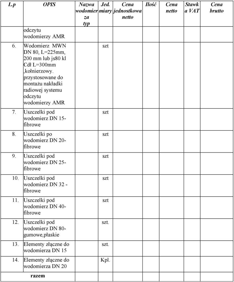 Uszczelki pod wodomierz DN 15- fibrowe szt 8. Uszczelki po wodomierz DN 20- fibrowe szt 9. Uszczelki pod wodomierz DN 25- fibrowe szt 10.