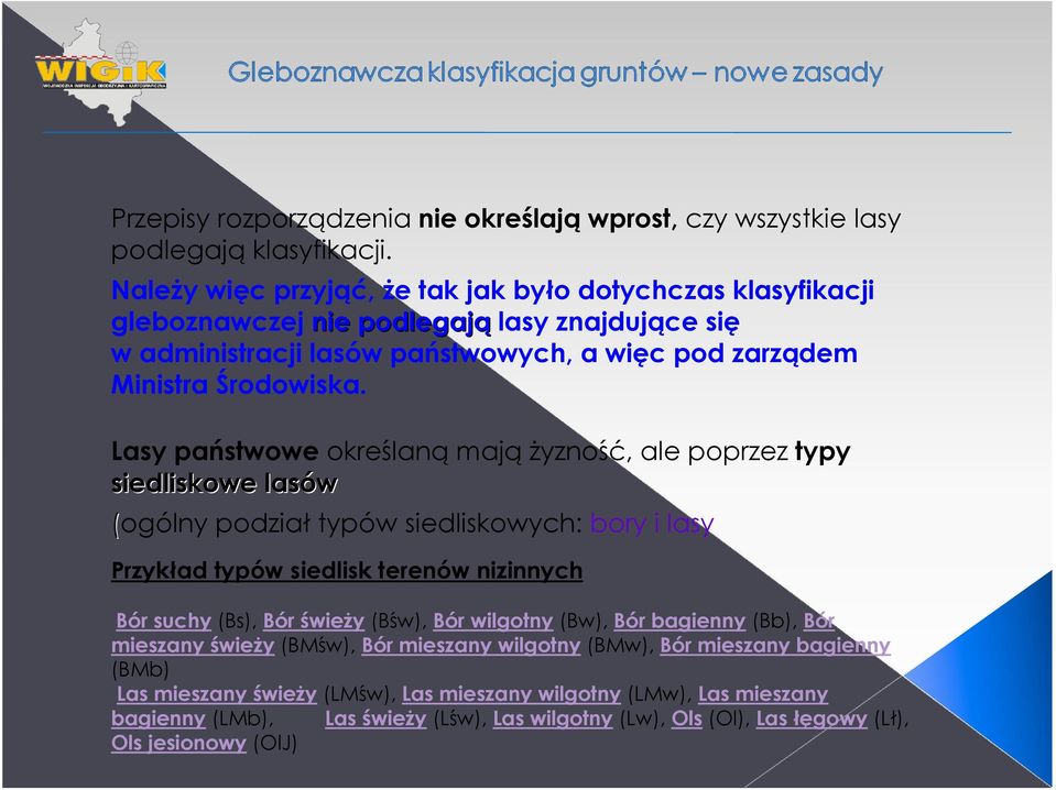 Lasy państwowe określaną mają Ŝyzność, ale poprzez typy siedliskowe lasów (ogólny podział typów siedliskowych: bory i lasy Przykład typów siedlisk terenów nizinnych Bór suchy (Bs), Bór świeŝy