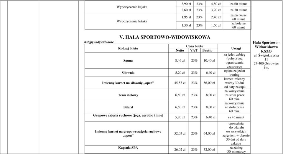 Bilard 6,50 zł 23% 8,00 zł Grupowe zajęcia ruchowe (joga, aerobic i inne) Imienny karnet na grupowe zajęcia ruchowe open Kapsuła SPA Uwagi za jeden zabieg (pobyt) bez ograniczenia czasowego za jeden