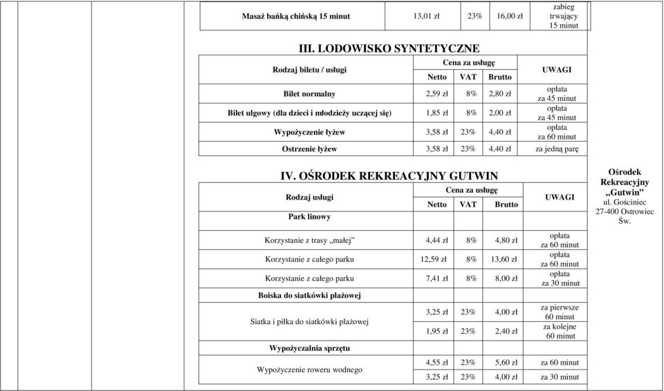 minut za 45 minut za Ostrzenie łyŝew 3,58 zł 23% 4,40 zł za jedną parę IV.