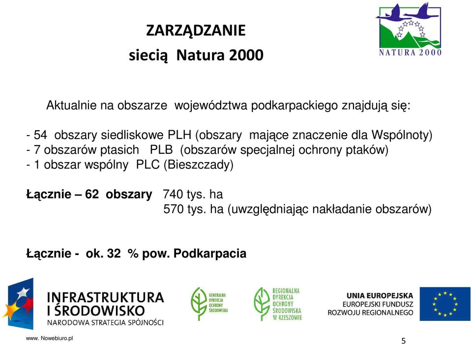 (obszarów specjalnej ochrony ptaków) - 1 obszar wspólny PLC (Bieszczady) Ł cznie 62 obszary 740