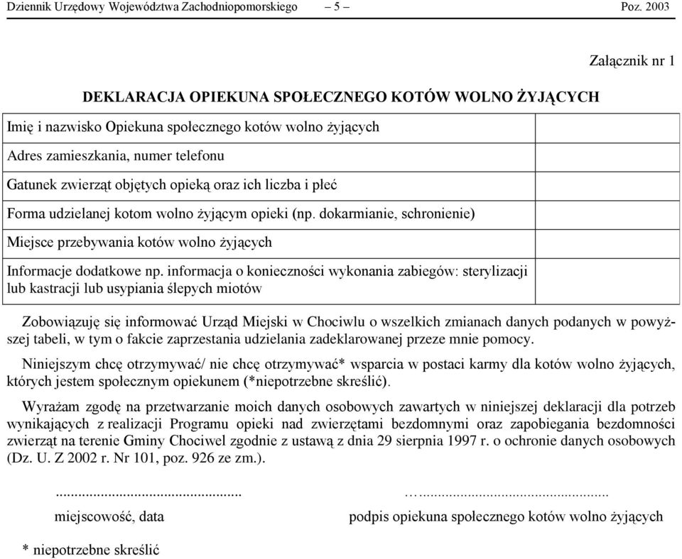 i płeć Forma udzielanej kotom wolno żyjącym opieki (np. dokarmianie, schronienie) Miejsce przebywania kotów wolno żyjących Informacje dodatkowe np.