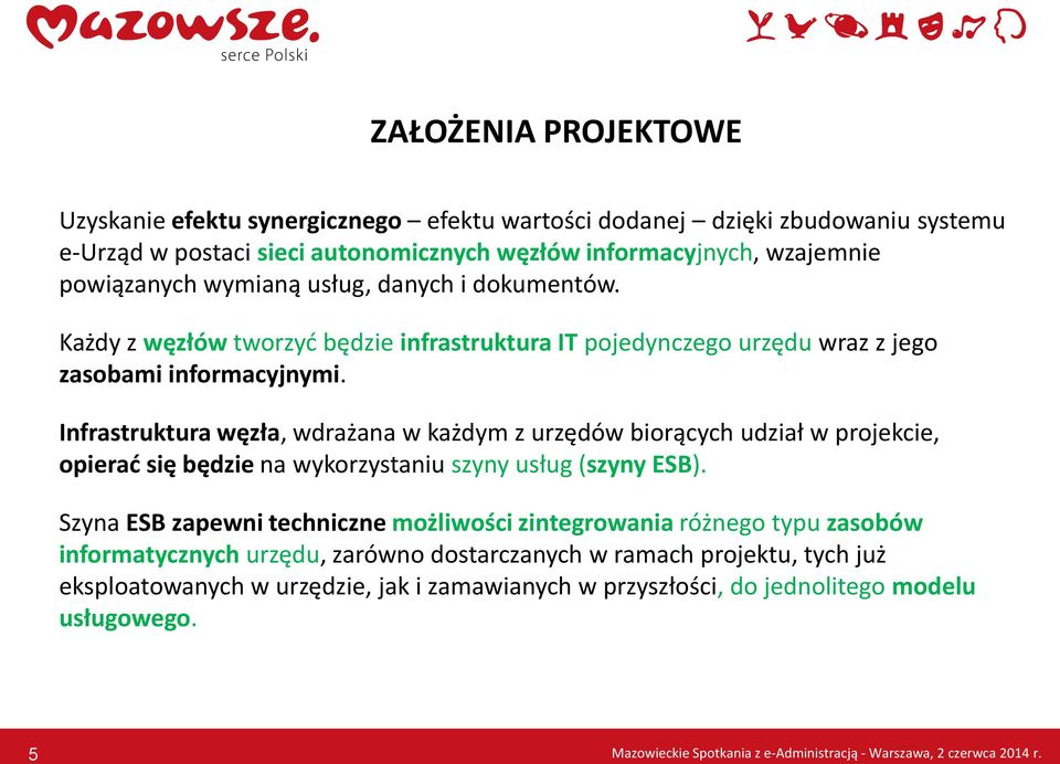 Infrastruktura węzła, wdrażana w każdym z urzędów biorących udział w projekcie, opierać się będzie na wykorzystaniu szyny usług (szyny ESB).