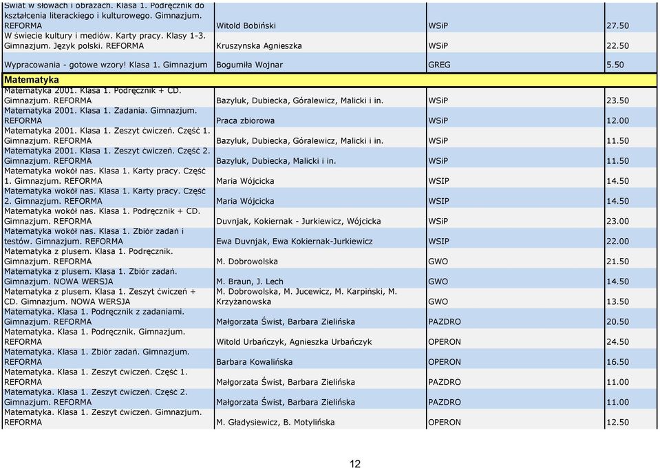 Bazyluk, Dubiecka, Góralewicz, Malicki i in. WSiP 23.50 Matematyka 2001. Klasa 1. Zadania. Gimnazjum. REFORMA Praca zbiorowa WSiP 12.00 Matematyka 2001. Klasa 1. Zeszyt ćwiczeń. Część 1.