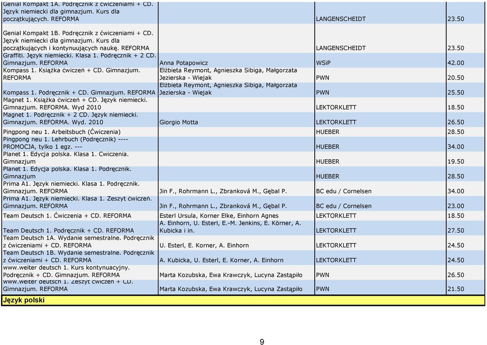 REFORMA Elżbieta Reymont, Agnieszka Sibiga, Małgorzata Jezierska - Wiejak PWN 20.50 Elżbieta Reymont, Agnieszka Sibiga, Małgorzata Kompass 1. Podręcznik + CD. Jezierska - Wiejak PWN 25.50 Magnet 1.