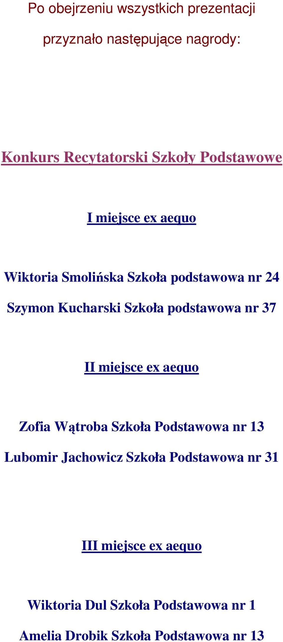 podstawowa nr 37 II miejsce ex aequo Zofia Wątroba Szkoła Podstawowa nr 13 Lubomir Jachowicz Szkoła