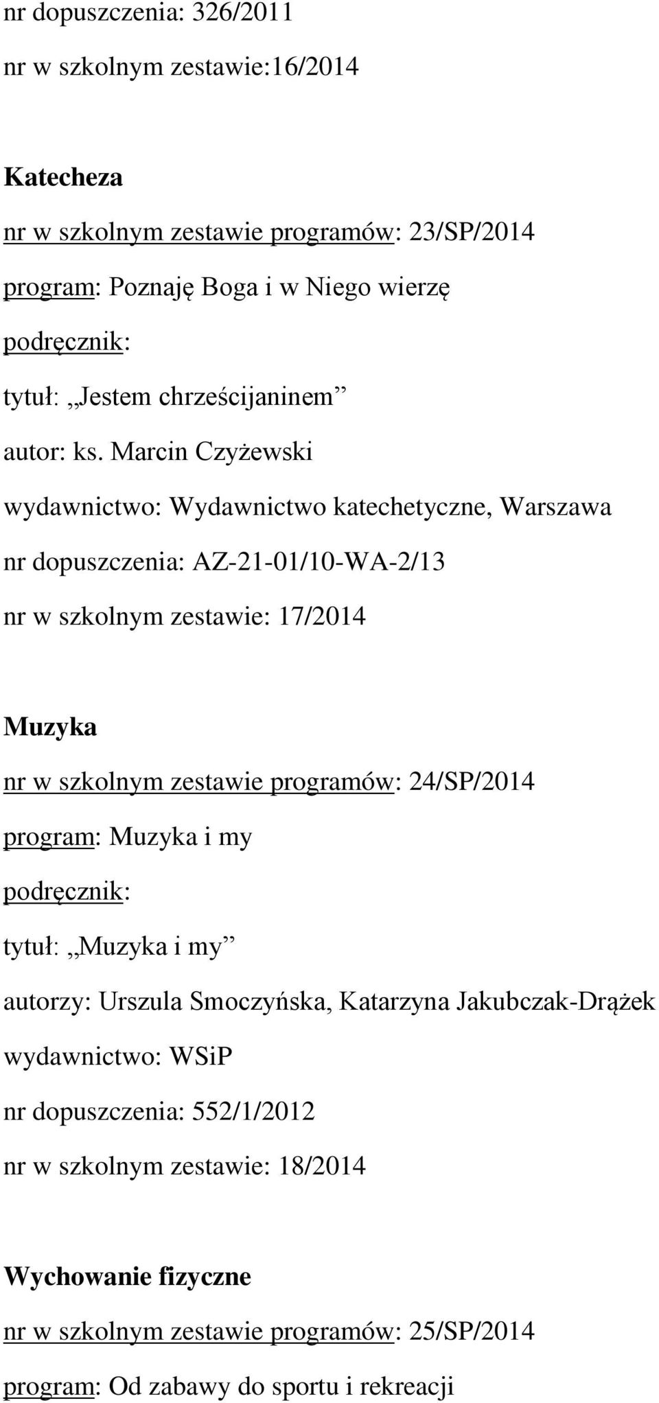 Marcin Czyżewski wydawnictwo: Wydawnictwo katechetyczne, Warszawa nr dopuszczenia: AZ-21-01/10-WA-2/13 nr w szkolnym zestawie: 17/2014 Muzyka nr w szkolnym zestawie