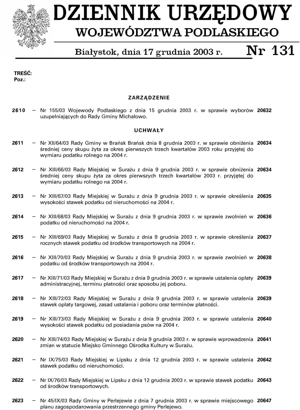 w sprawie obniżenia średniej ceny skupu żyta za okres pierwszych trzech kwartałów 2003 roku przyjętej do wymiaru podatku rolnego na 2004 r.