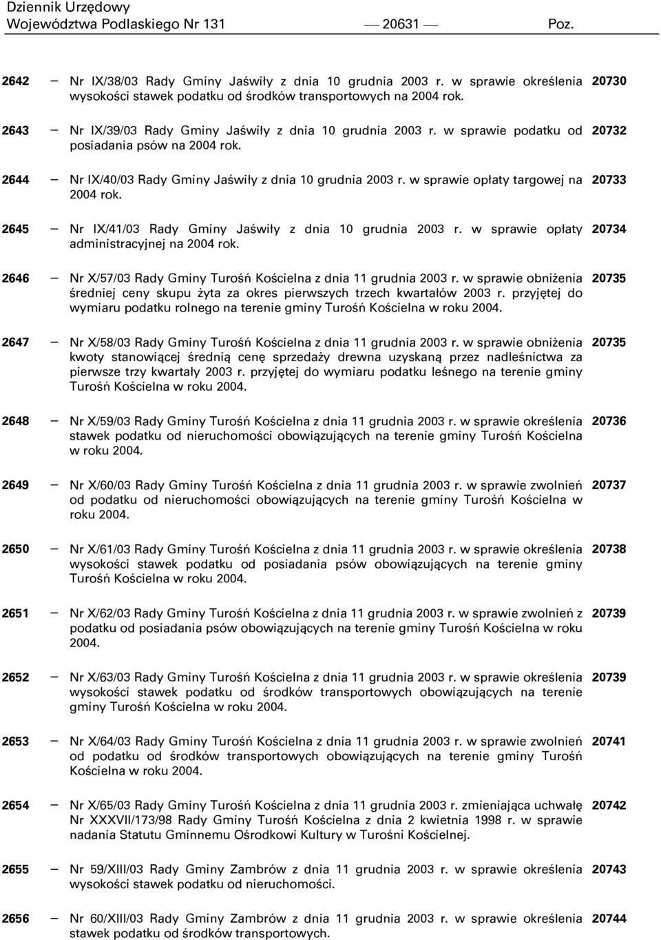 w sprawie opłaty targowej na 2004 rok. 2645 Nr IX/41/03 Rady Gminy Jaświły z dnia 10 grudnia 2003 r. w sprawie opłaty administracyjnej na 2004 rok.