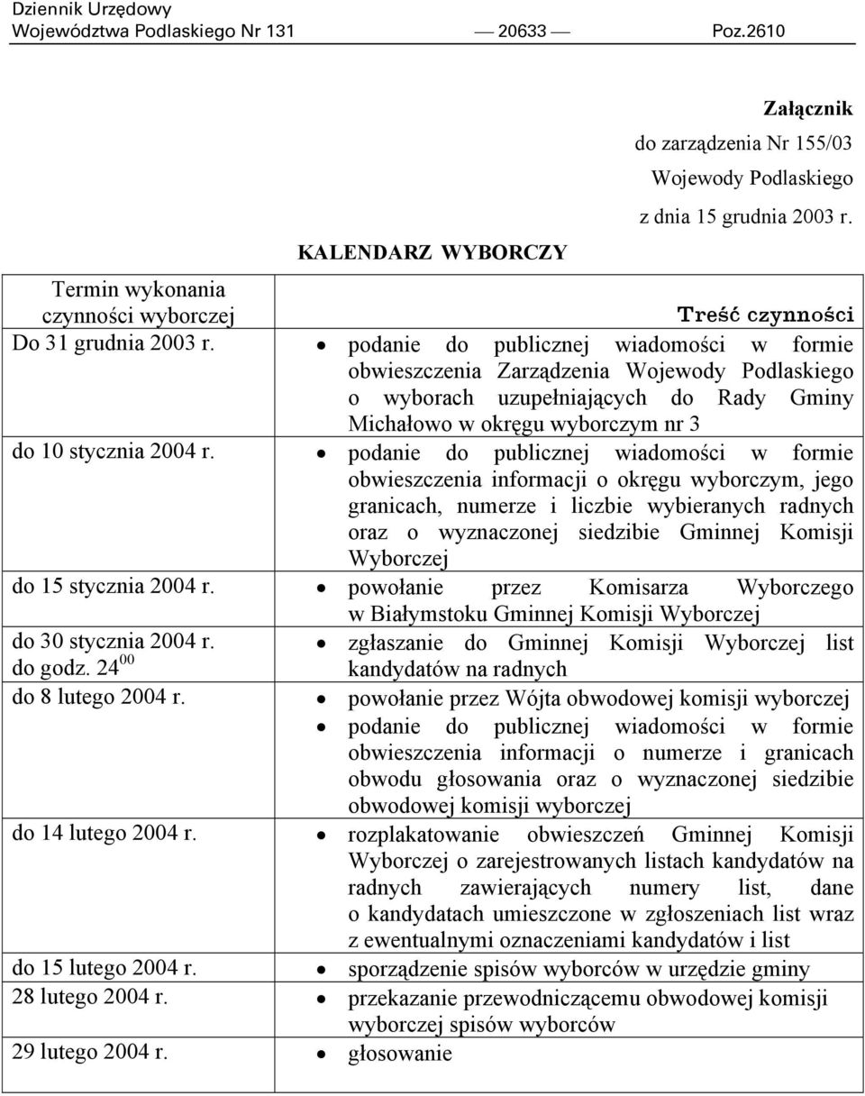 podanie do publicznej wiadomości w formie obwieszczenia Zarządzenia Wojewody Podlaskiego o wyborach uzupełniających do Rady Gminy Michałowo w okręgu wyborczym nr 3 do 10 stycznia 2004 r.