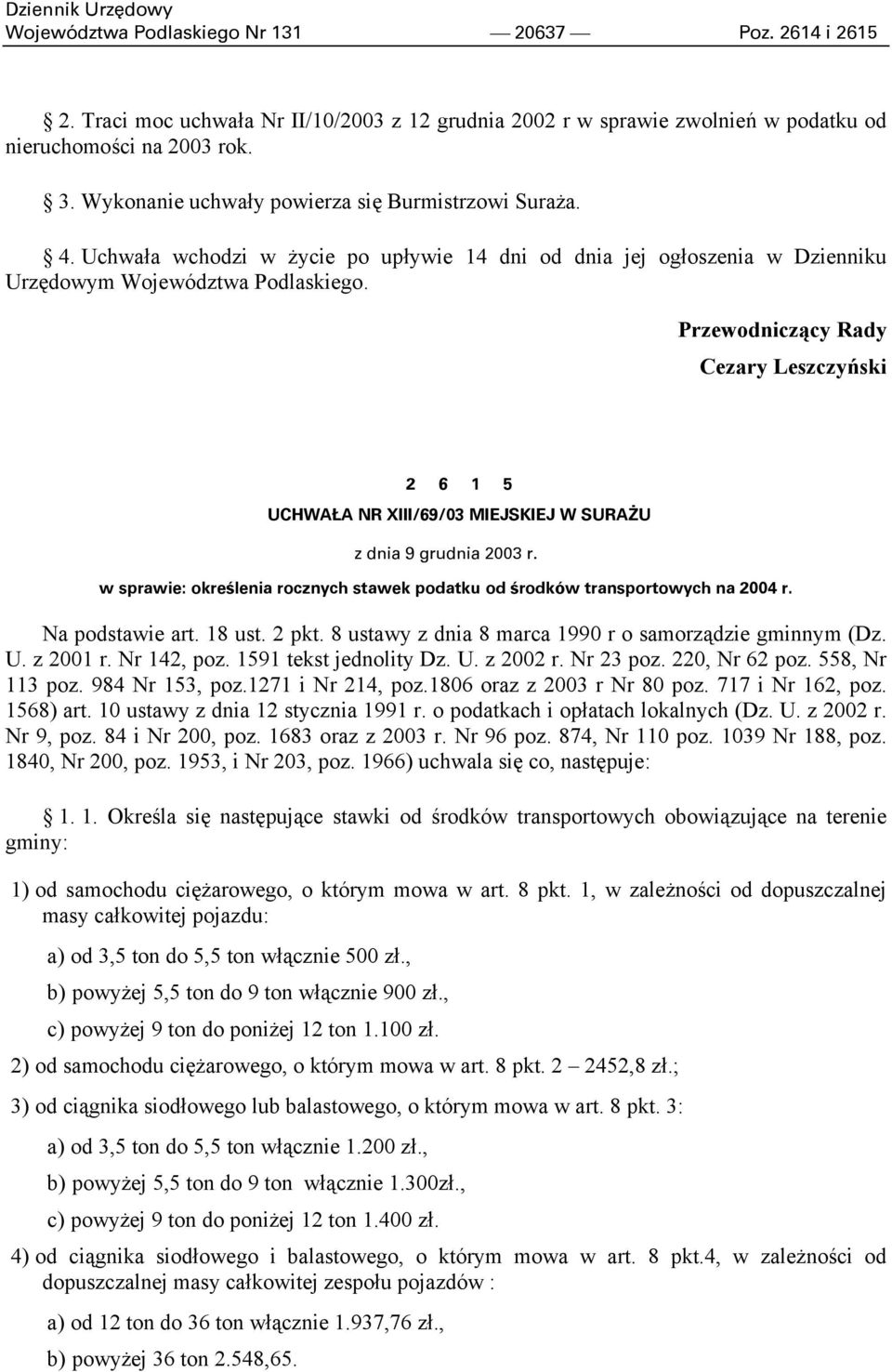 Przewodniczący Rady Cezary Leszczyński 2 6 1 5 UCHWAŁA NR XIII/69/03 MIEJSKIEJ W SURAŻU z dnia 9 grudnia 2003 r. w sprawie: określenia rocznych stawek podatku od środków transportowych na 2004 r.