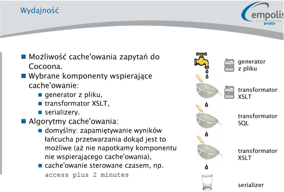 Algorytmy cache'owania: domyślny: zapamiętywanie wyników łańcucha przetwarzania dokąd jest to możliwe (aż nie