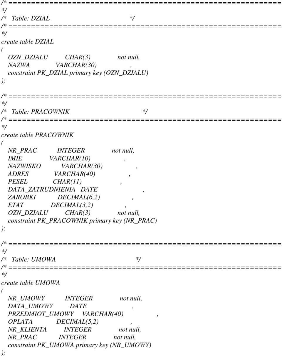 ECIMAL6,2), ETAT ECIMAL3,2), OZN_ZIALU CHAR3) not null, constraint PK_PRACOWNIK primary key NR_PRAC) /* Table: UMOWA create table UMOWA