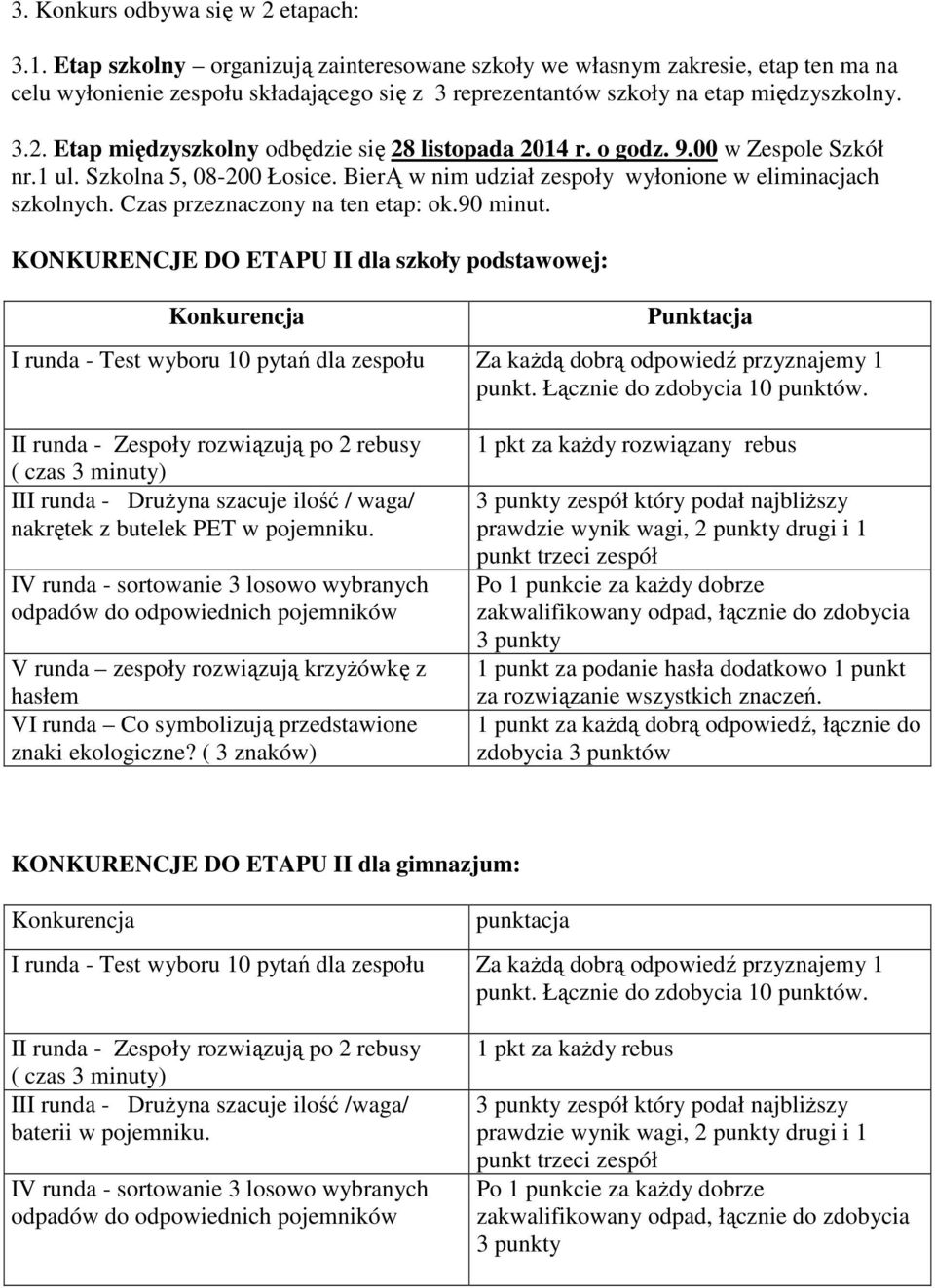 Etap międzyszkolny odbędzie się 28 listopada 2014 r. o godz. 9.00 w Zespole Szkół nr.1 ul. Szkolna 5, 08-200 Łosice. BierĄ w nim udział zespoły wyłonione w eliminacjach szkolnych.