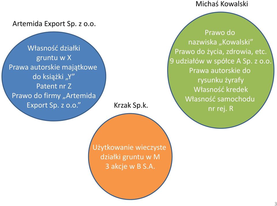 o. Własność działki gruntu w X Prawa autorskie majątkowe do książki Y Patent nr Z Prawo do firmy o.