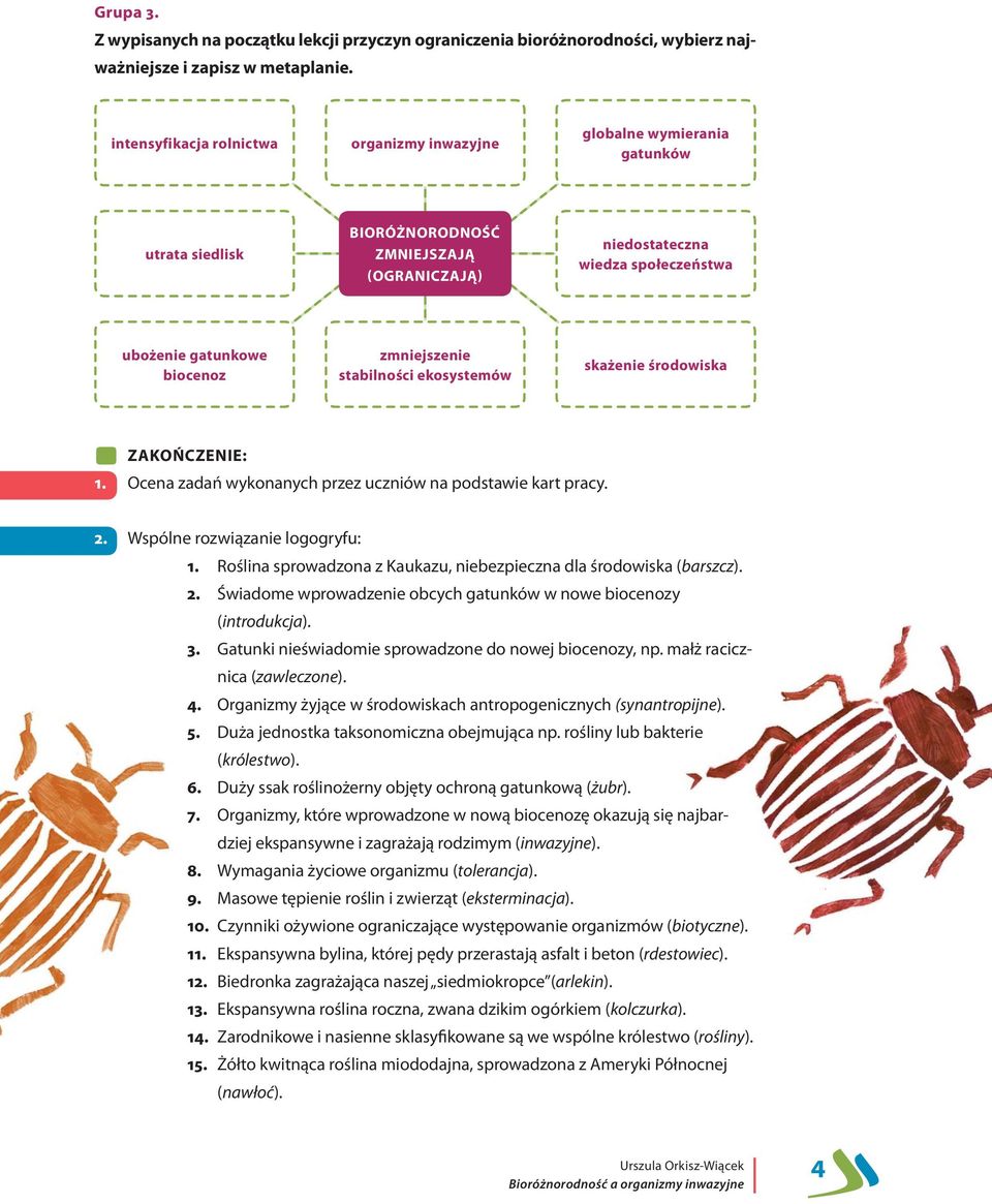 zmniejszenie stabilności ekosystemów skażenie środowiska 0 ZAKOŃCZENIE: 1. Ocena zadań wykonanych przez uczniów na podstawie kart pracy. 2. Wspólne rozwiązanie logogryfu: 1.