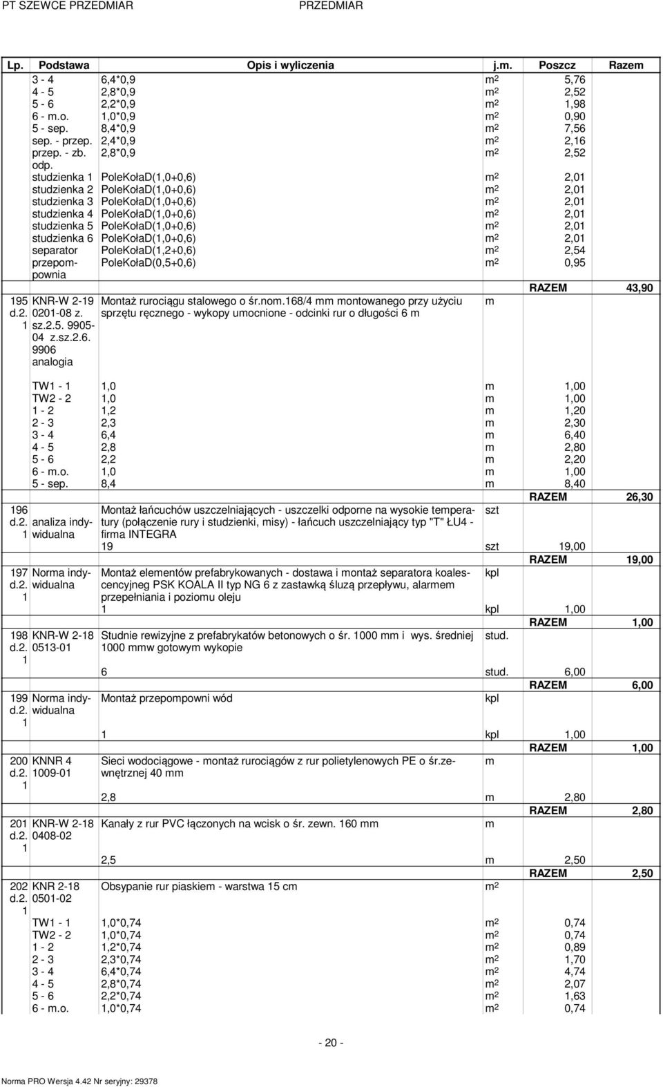 PoleKołaD(,+0,6),54 przepopownia PoleKołaD(0,5+0,6) 0,95 95 KNR-W -9 Monaż rurociągu salowego o śr.no.68/4 onowanego przy użyciu d.. 00-08 z.