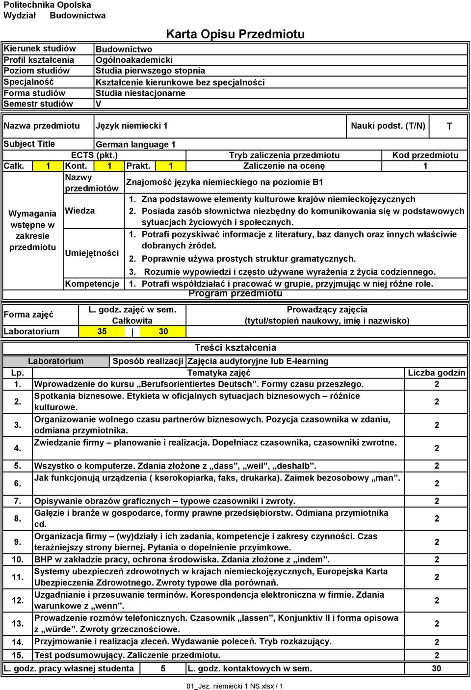 ) Tryb zaliczenia przedmiotu Kod przedmiotu Całk. Kont. Prakt. Zaliczenie na ocenę Nazwy Znajomość języka niemieckiego na poziomie B przedmiotów Wymagania wstępne w zakresie przedmiotu L. godz.