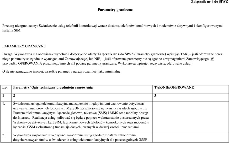 wymaganiami Zamawiającego, lub NIE, jeśli oferowane parametry nie są zgodne z wymaganiami Zamawiającego.