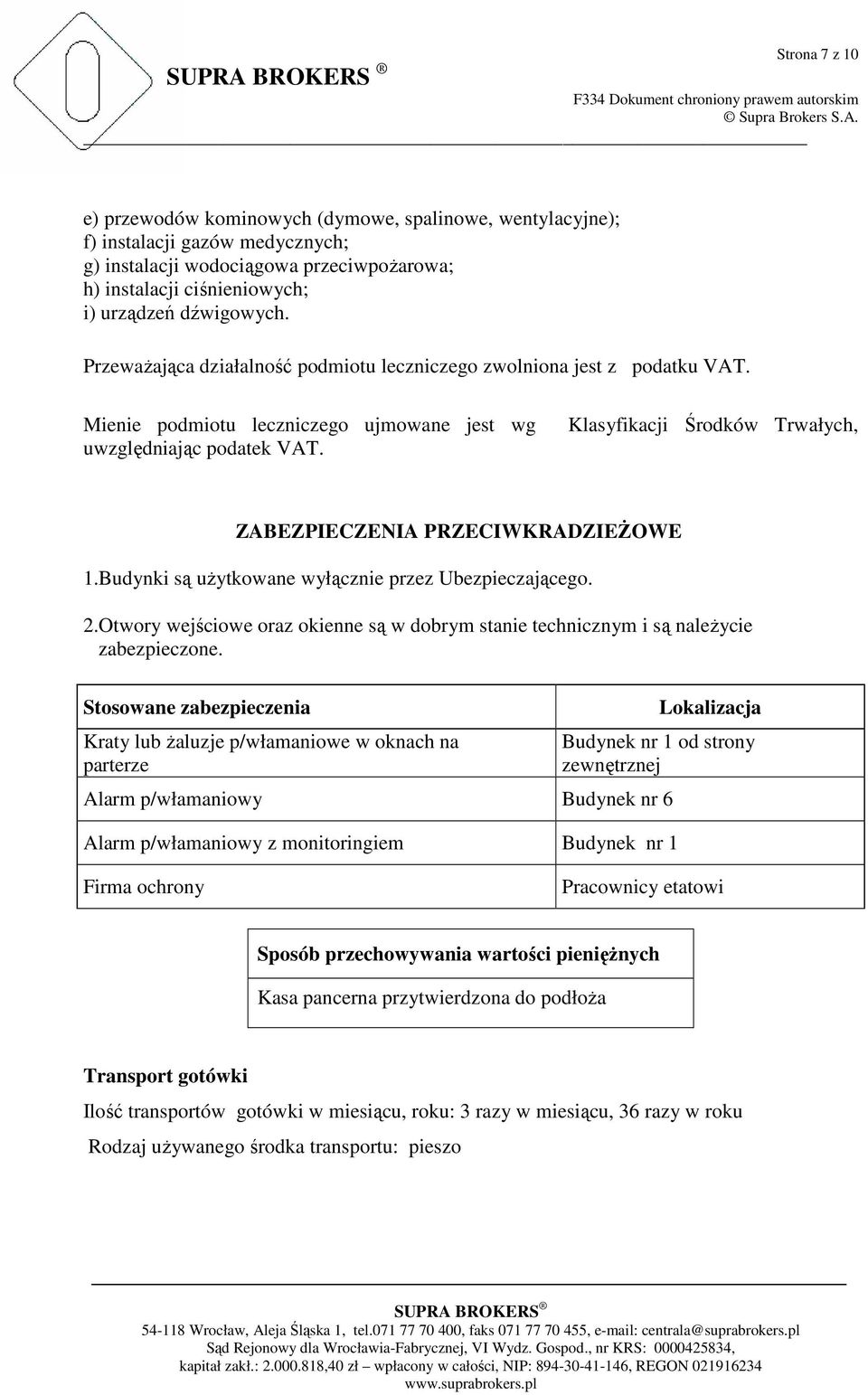 Klasyfikacji Środków Trwałych, ZABEZPIECZENIA PRZECIWKRADZIEśOWE 1.Budynki są uŝytkowane wyłącznie przez Ubezpieczającego. 2.