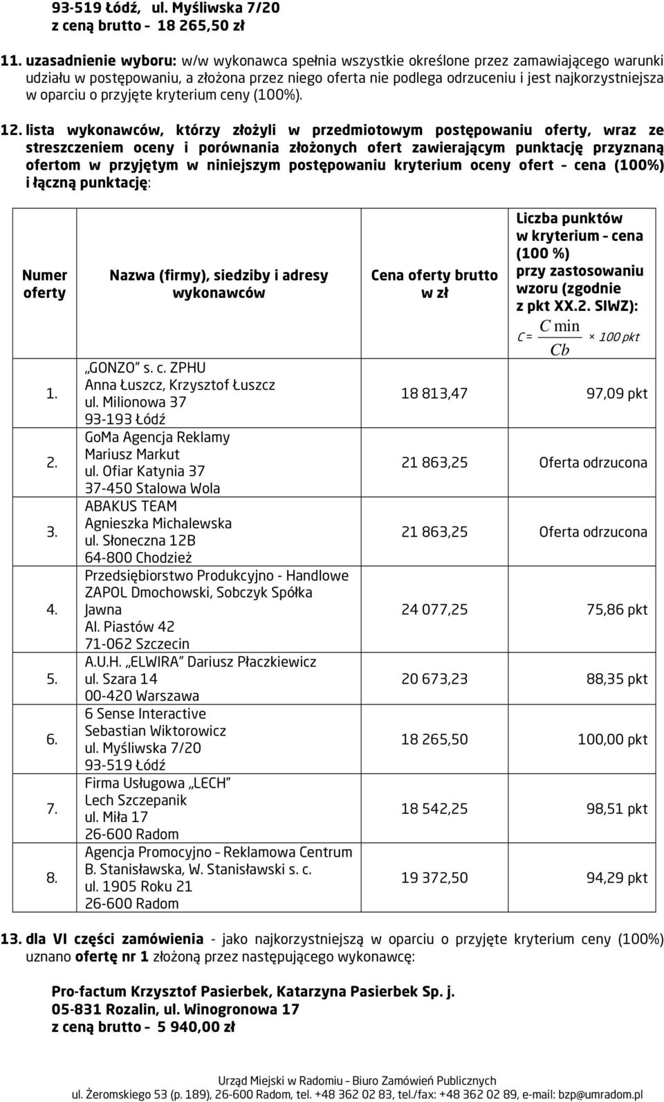 Cena brutto 8. GONZO s. c. ZPHU Anna Łuszcz, Krzysztof Łuszcz ul. Milionowa 37 93-193 Łódź ABAKUS TEAM Agnieszka Michalewska ul.