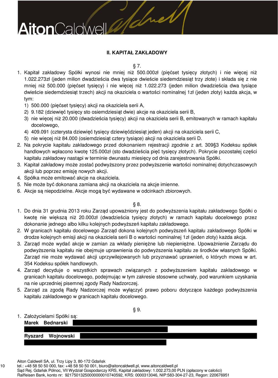 273 (jeden milion dwadzieścia dwa tysiące dwieście siedemdziesiąt trzech) akcji na okaziciela o wartości nominalnej 1zł (jeden złoty) każda akcja, w tym: 1) 500.