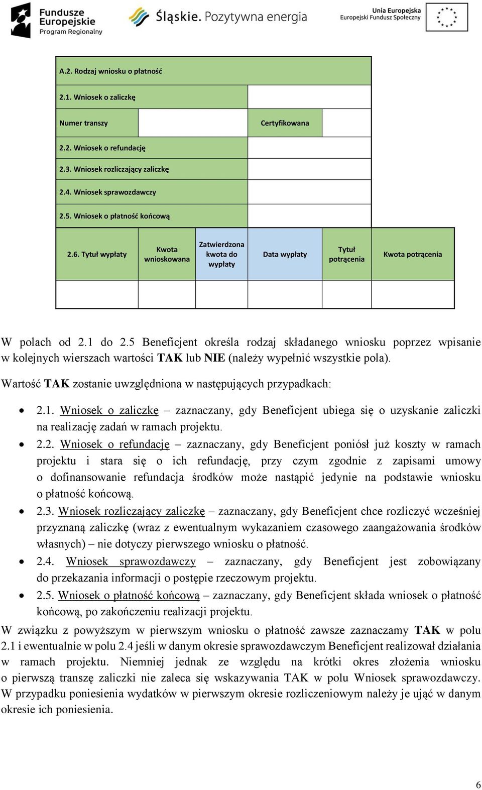 5 Beneficjent określa rodzaj składanego wniosku poprzez wpisanie w kolejnych wierszach wartości TAK lub NIE (należy wypełnić wszystkie pola).