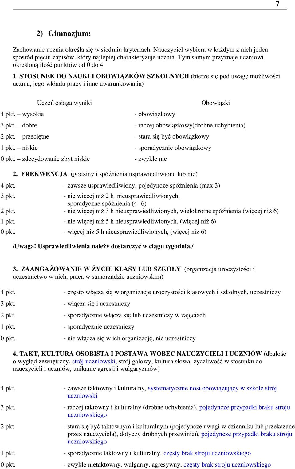 wyniki 4 pkt. wysokie - obowiązkowy Obowiązki 3 pkt. dobre - raczej obowiązkowy(drobne uchybienia) 2 pkt. przeciętne - stara się być obowiązkowy 1 pkt. niskie - sporadycznie obowiązkowy 0 pkt.