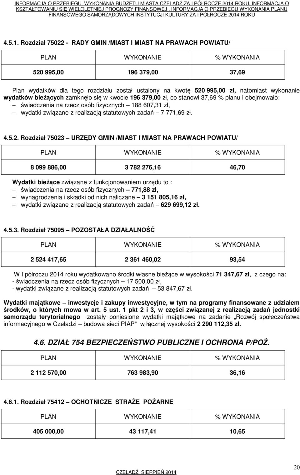 bieżących zamknęło się w kwocie 196 379,00 zł, co stanowi 37,69 % planu i obejmowało: świadczenia na rzecz osób fizycznych 188 607,31 zł, wydatki związane z realizacją statutowych zadań 7 771,69 zł.